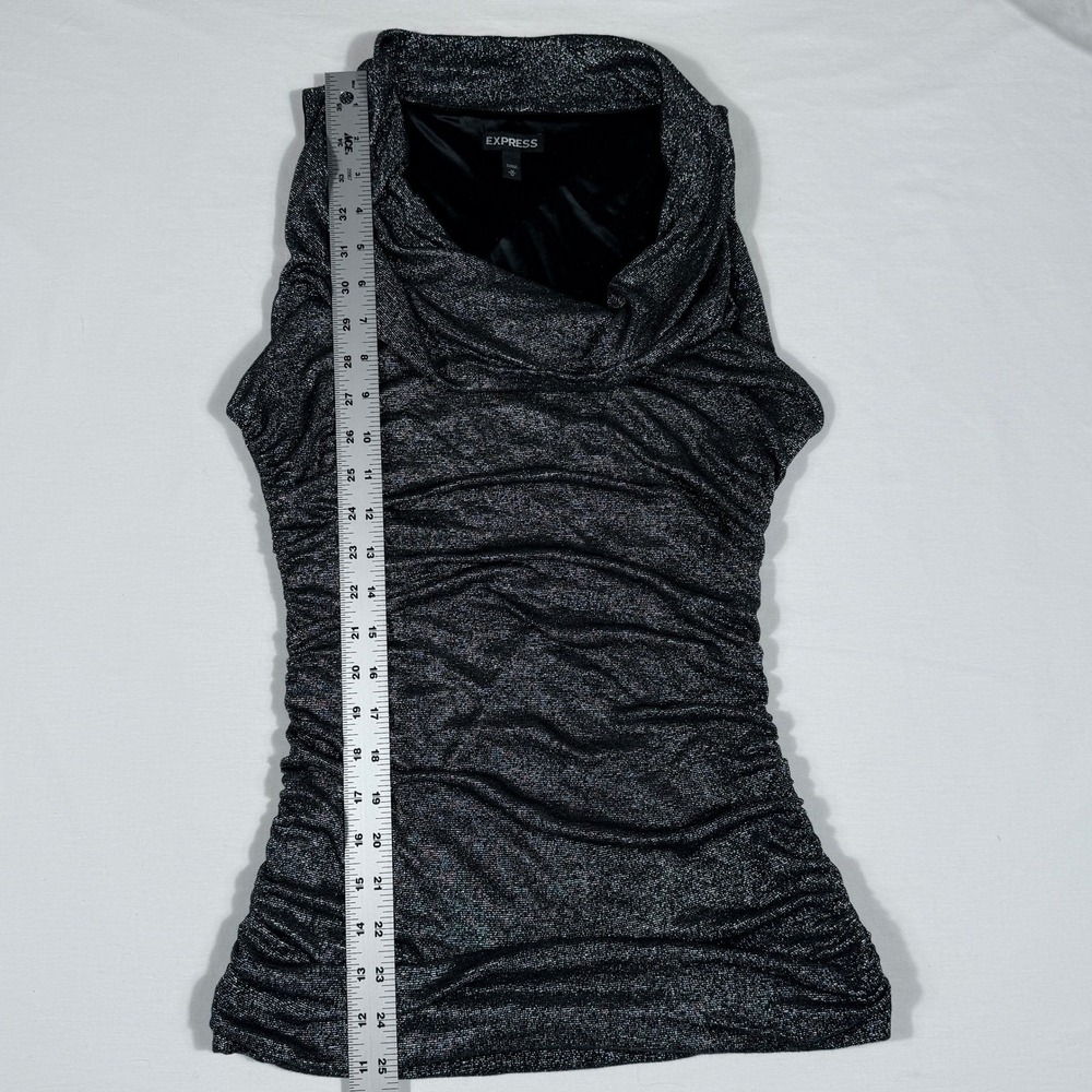 Express Metallic Silver Charcoal Cowl Ruched Sleeveless Club Whimsigoth Med Top - Picture 11 of 13